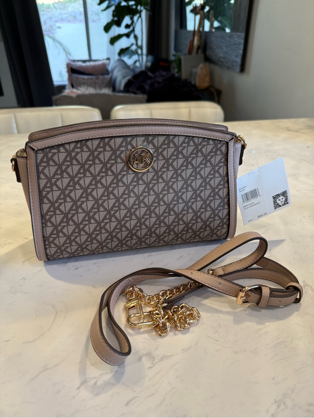 Anne Klein Taupe Logo Crossbody with Gold Hardware